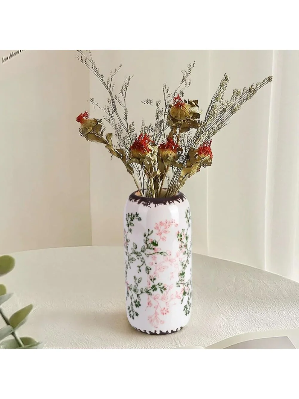 Modern Small Green and Beige Ceramic Vase Flowers Ribbed Textured Home Livings